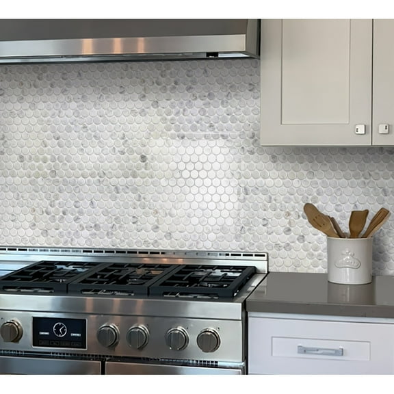 Apollo Tile   5 Pack White 11.3-in. x 12.3-in. Polished Penny Round Marble Mosaic Tile (4.83 Sq ft/case)