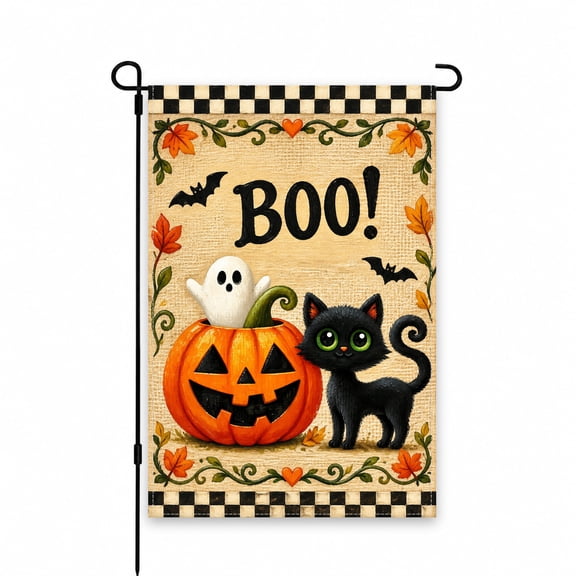 Halloween Garden Flag 12 x 18 Inch - Black Cat, Pumpkin & Ghost Design for Outdoor Decor - Perfect for Yard, Lawn, Patio, Porch Decoration