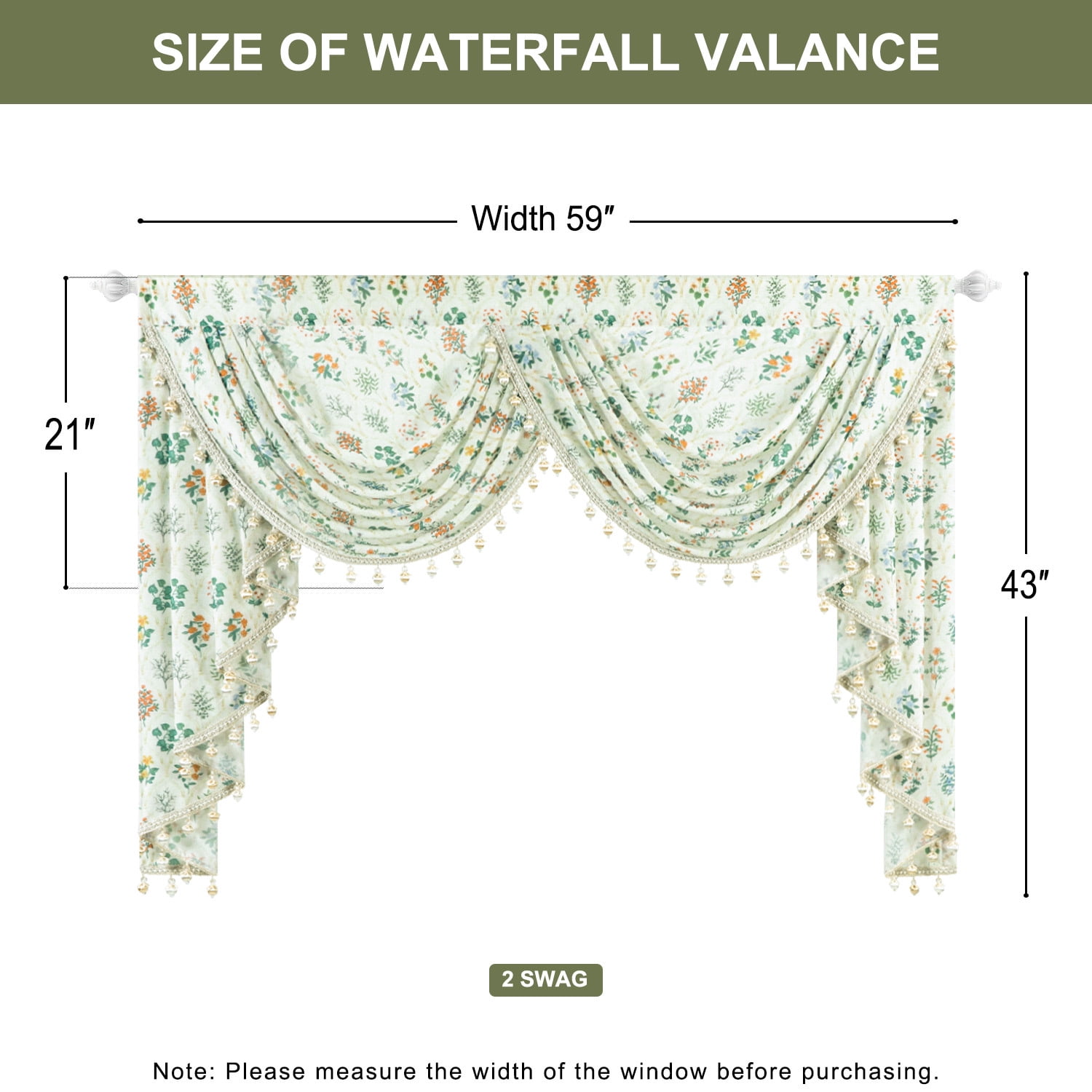 VOGOL Vintage Floral Waterfall Valance 59x43 Inch - Sheer Voile Farmhouse Curtain Topper with Beaded Fringe for Living Room