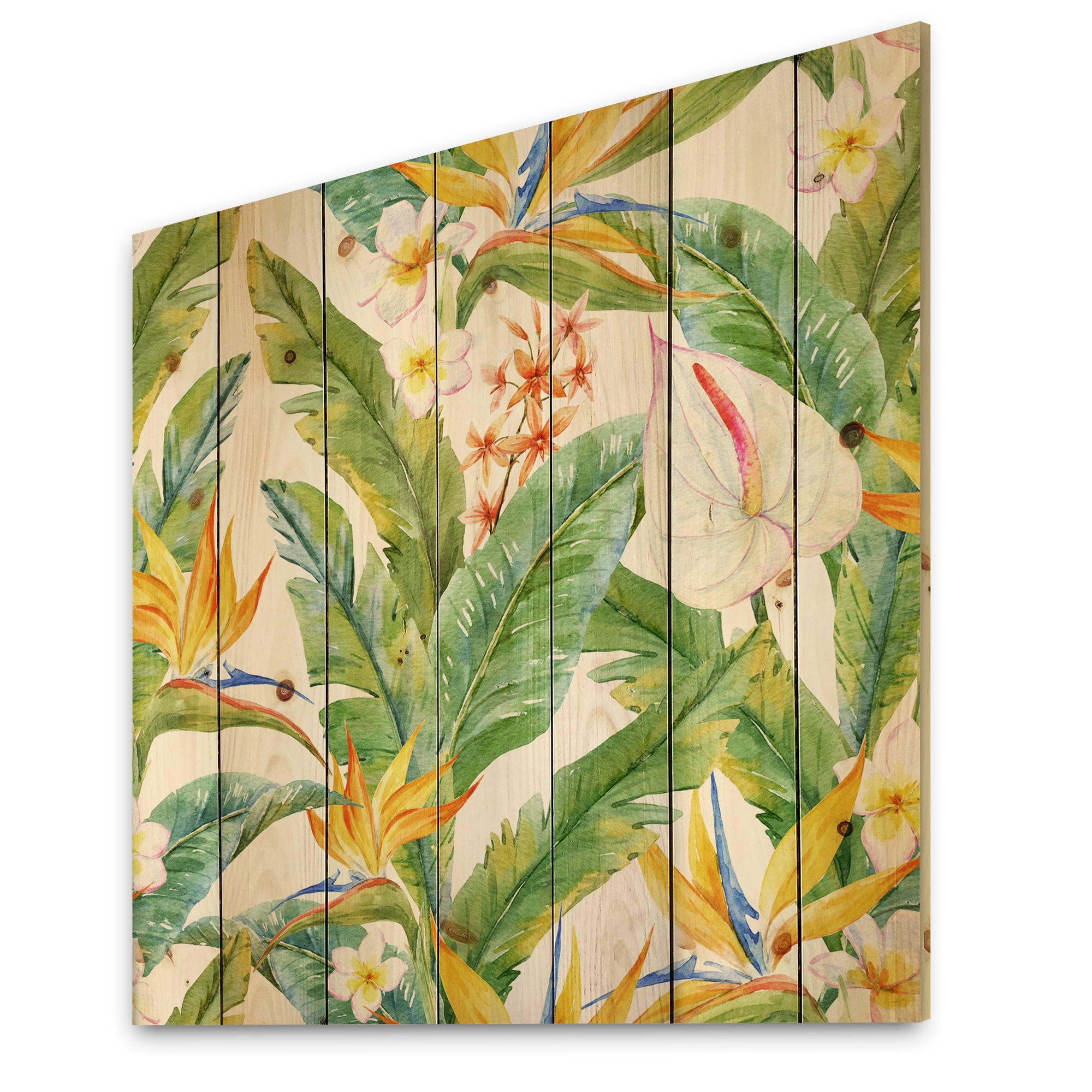 Designart 'Yellow Flowers and Tropical Foliage II' Modern Print on Natural Pine Wood