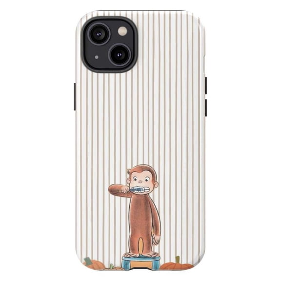 Curious Monkey Brushing Teeth Phone Case, Striped Halloween Cartoon iPhone Cover for 17 16 15 14 13 12 11 Pro Plus Mini