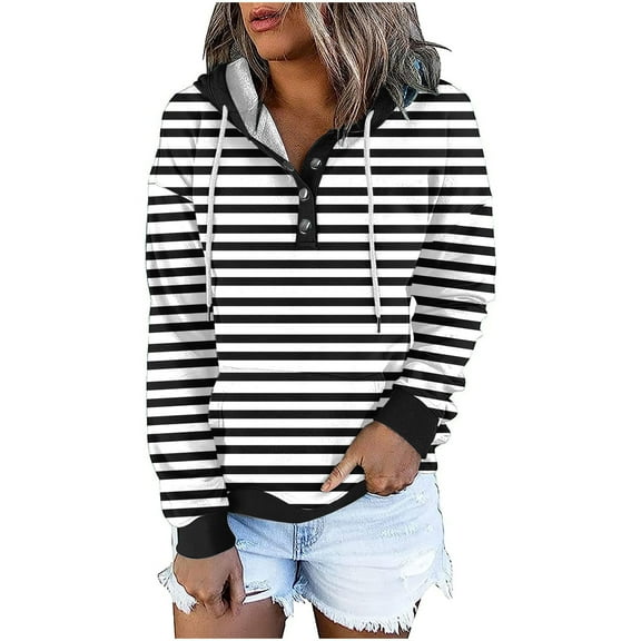 WXLWZYWL Womens Fall Tops Casual Hoodies Sweatshirts Striped Button Drawstring Pullover Sweaters Casual Long Sleeve With Pockets Winter Fall