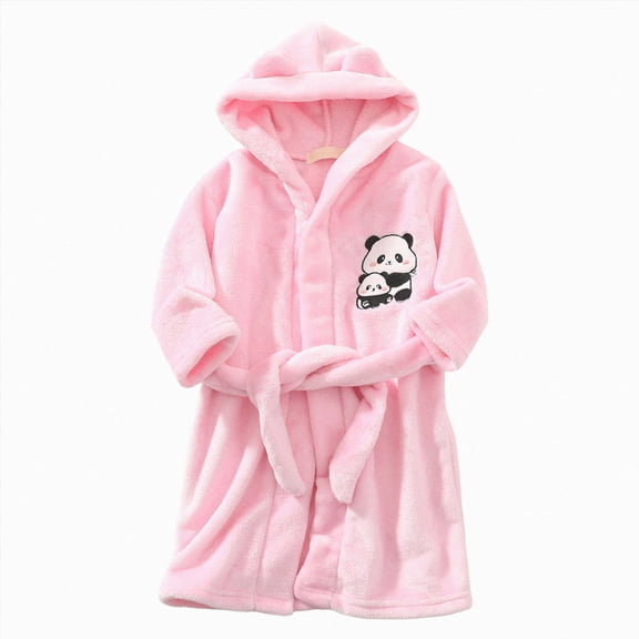 Boys Girls Kids Flannel Bathrobe,Soft Hooded Sleep Robe with Waist Tie,Cozy Cartoon Pattern,for Boys Girls 12 18 Months 2T 3T 4T 5T 8T,All-Season Loungewear Toddler Pajamas,Light Pink,Size 3-4T
