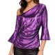 thumbnail image 1 of Tops de Manga Larga de las Mujeres con Brillo Metálico Y Textura de Costillas, Blusa Casual de Hombros para Fiesta Y Uso Cotidiano, Tops de Manga Corta de las Mujeres, 1 of 7