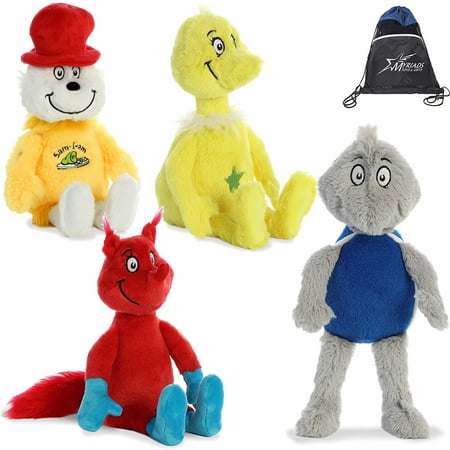 Aurora Dr. Seuss Plush Set of 4: 12" Sam I Am, 12" Yertle the Turtle, 12" Sneetch, 12" Fox in Socks with Myriads Drawstring Bag