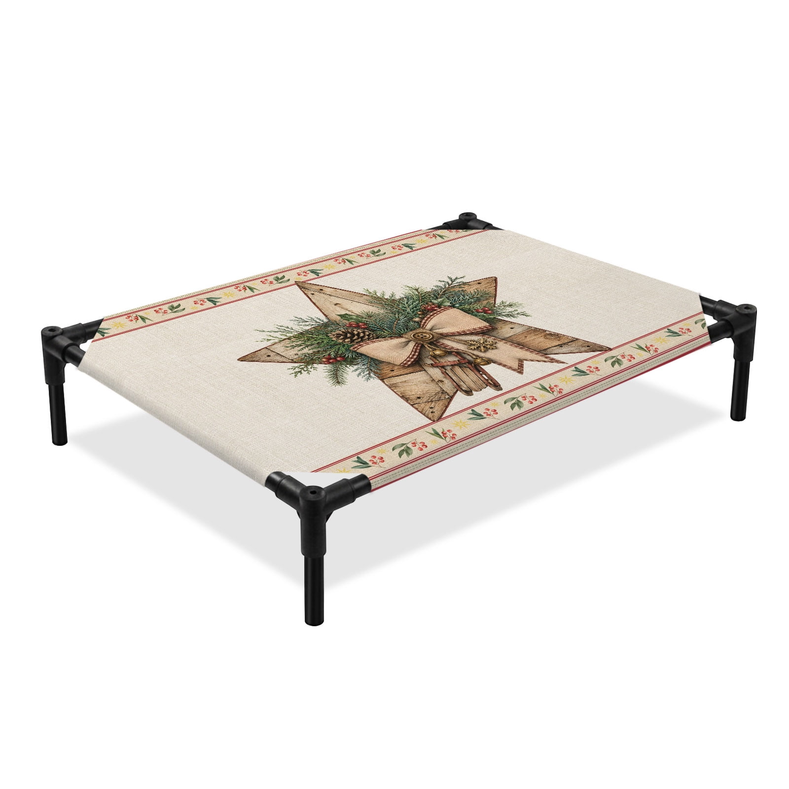 Wooden Star Elevated Dog Bed Christmas Green Needles Brown Bow Linen Texture Cooling Breathable Outdoor Raised Dog Cot Bed with Metal Frame Non-Slip Feet for Medium Dog 24x20in