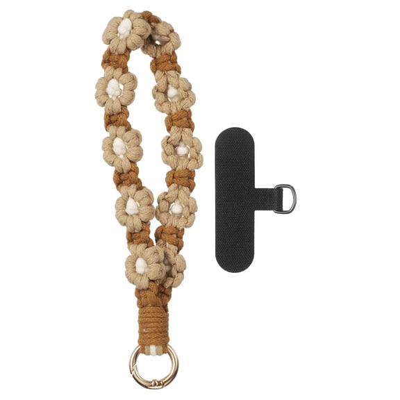 Boho Macrame Keychain, Handmade Wristlet Bracelet Keychain Keyring Holder Key Wrist Lanyard Phone Wrist Strap with T-shaped Pad for Women Girls, Coffee Brown