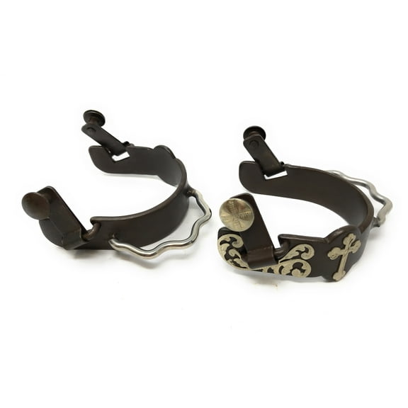 AJ Tack Men's Antique Brown Bumper Spurs with Silver Cross and Floral Engraving