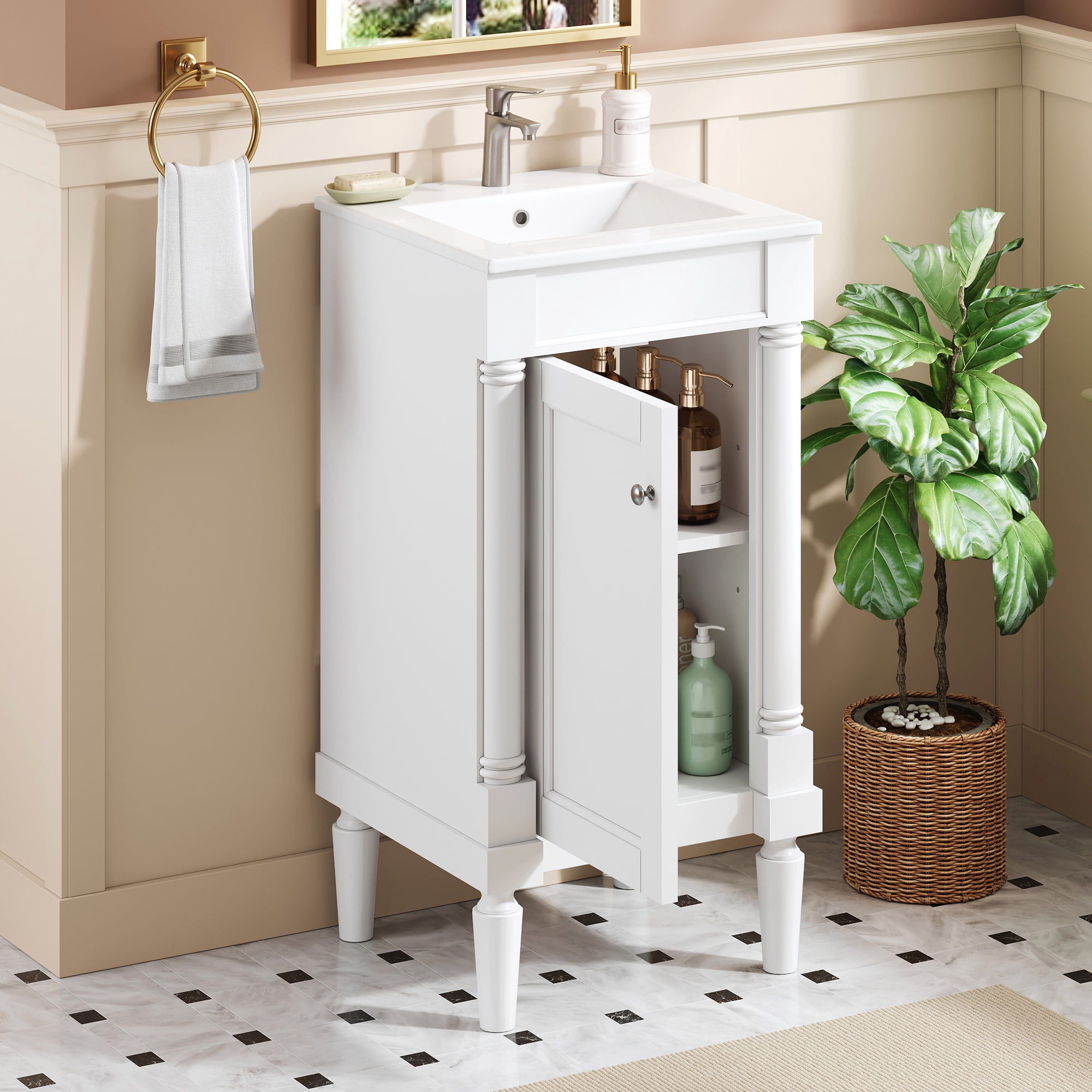 Euroco 18" French Style Bathroom Cabinet with Storage, Small Space Solution with Ceramic Sink, Adjustable Shelf, Soft-Closing Hinges
