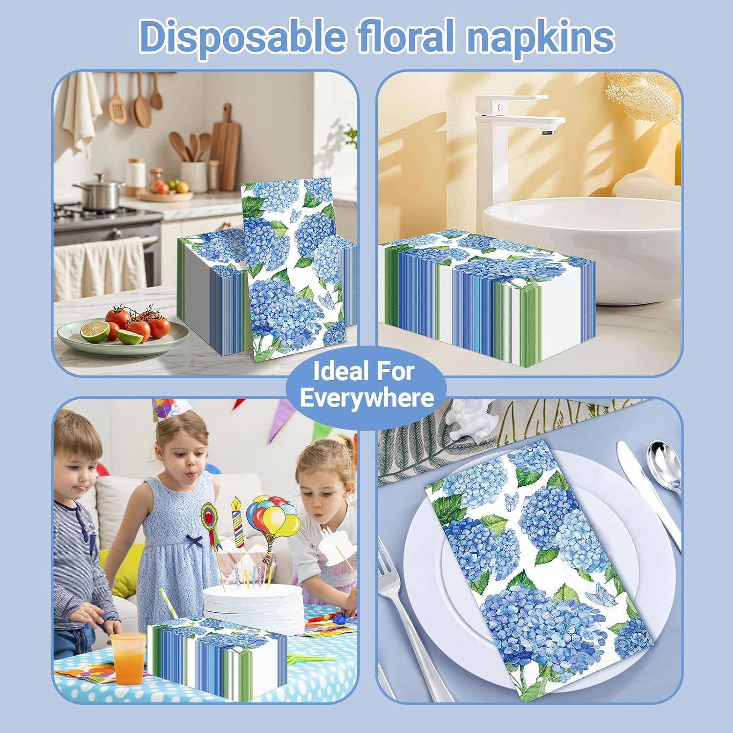 100 PCS Hydrangea Paper Napkins, Blue Hydrangea Floral Paper Napkins 3-Ply Disposable Hand Towels for Home Dinner Party Guest Napkin Wedding Spring Summer Fall Flowers Party Decorations