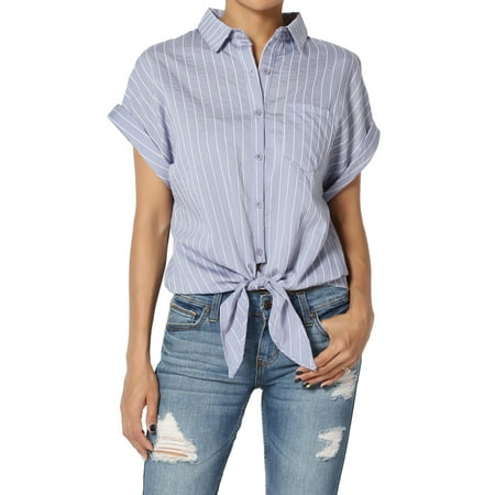 Dolman Crop - TheMogan Women's Stripe Tie Button Front Cuffed Short Sleeve Crop Shirts Top
