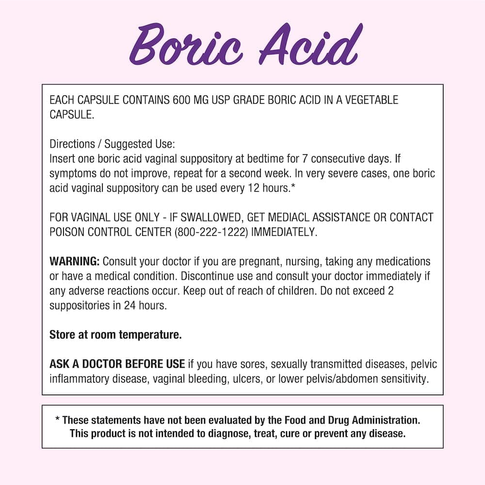 Puregen Labs Boric Acid 600mg Feminine Health Suppositories, 30 Count, 4-PK