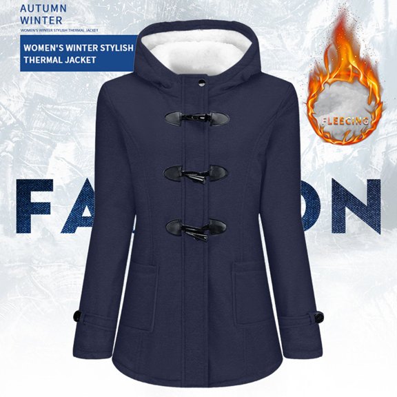 Womens Fashion Horn Button Thicken Coat With Hood Winter Warm Jacket Casual Wrap Jacket Women's Sweater Coats Juniors Long Jackets Jacket Women Jacket Womens Hood Jacket Women Sweater Jackets for
