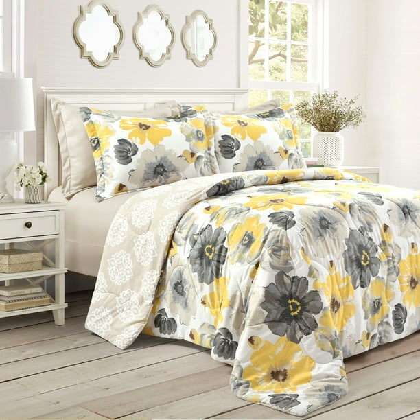 Lush Decor Leah Comforter Yellow Gray 6pc Set Full Queen Com - Yellow And Gray Bedroom Decor