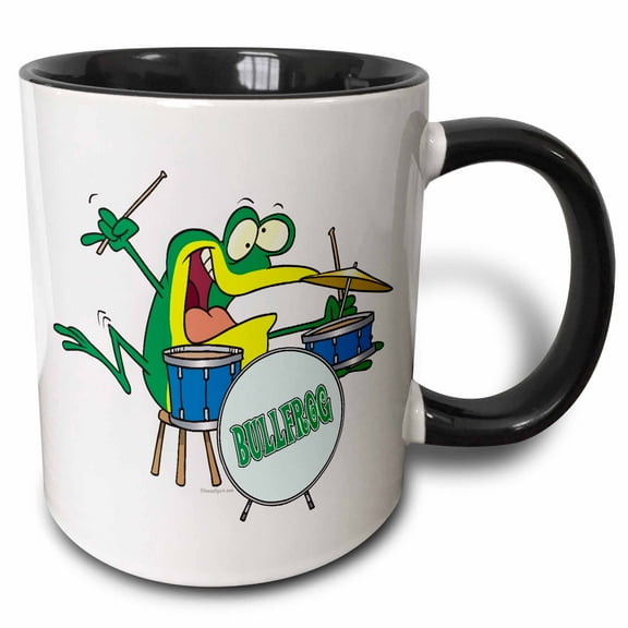 3drose, Funny Silly Cartoon Frog Drummer Cartoon, 11oz Two-tone Black Mug