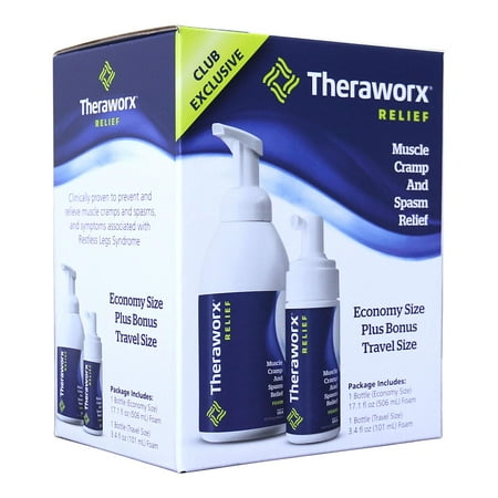 Theraworx Relief Fast-Acting Foam for Leg Cramps, Foot Cramps and Muscle Soreness (17.1 oz. Pump, & 3.4 oz. Travel)
