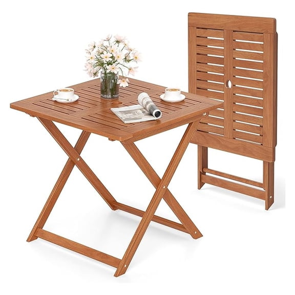 Folding Patio Table, Solid Wood Dining Table for 4 with Umbrella Hole, Square Outdoor Table with Slatted Top & X-Legs, Space Saving Design