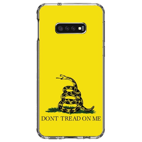 DistinctInk Clear Shockproof Hybrid Case for Samsung Galaxy S10e (5.8" Screen) - TPU Bumper, Acrylic Back, Tempered Glass Screen Protector - Don't Tread On Me - Gadsden Flag