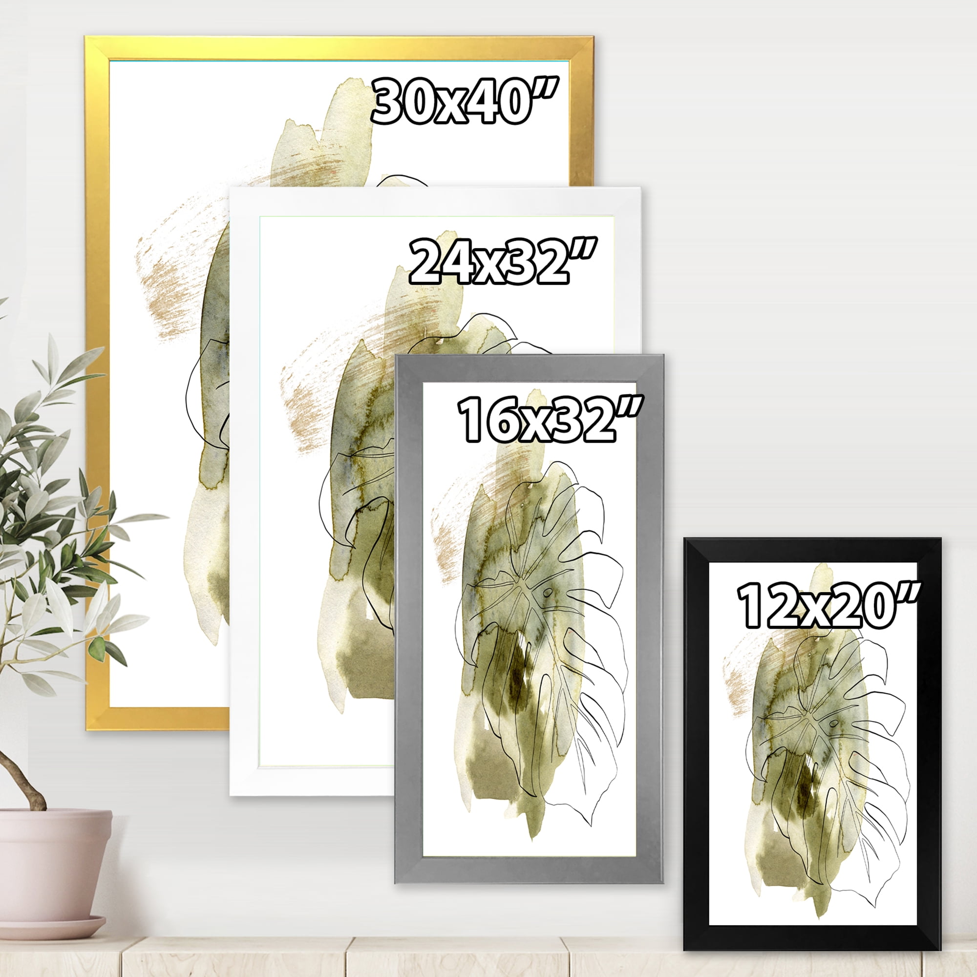 Designart 'Line Art Monstera Branch Tropical Abstract Leaves on Green' Traditional Framed Art Print