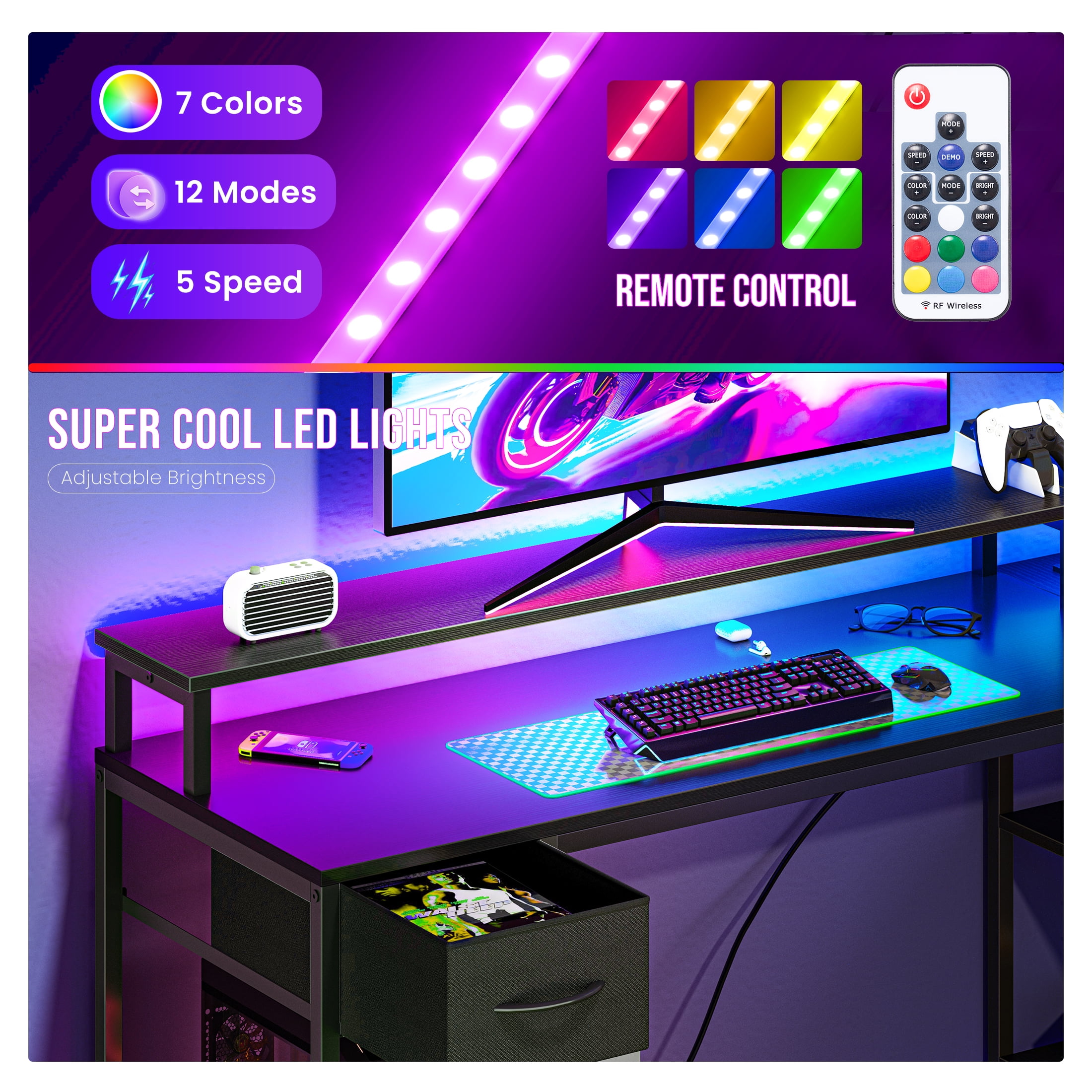 EDX 53 Inch L Shaped Gaming Desk with Power Outlet & LED Light, Reversible Computer Desk with Shelves & Monitor Stand, Corner Desk with Drawer for Home Office, Black