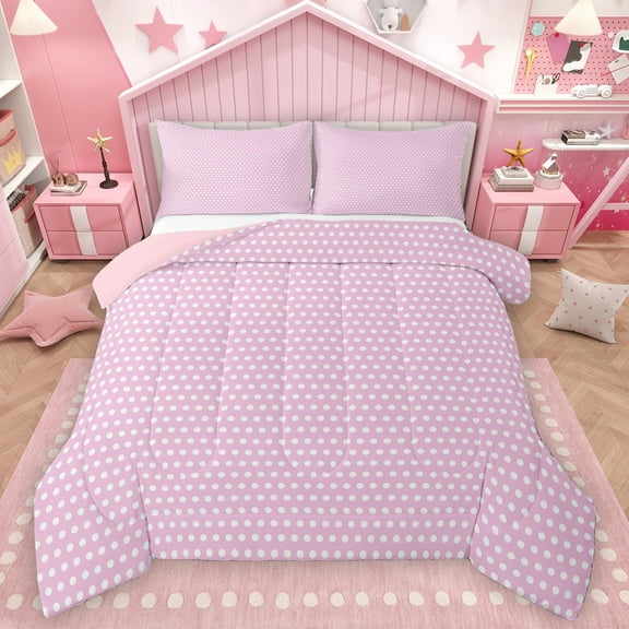 Homewish Geometric Circle Dot Bedding Comforter Set,Cute Polka Dots Twin Comforter Sets,Girls Pink Bedding Set For Teens,Super Cozy Room Decor Reversible,2-Piece