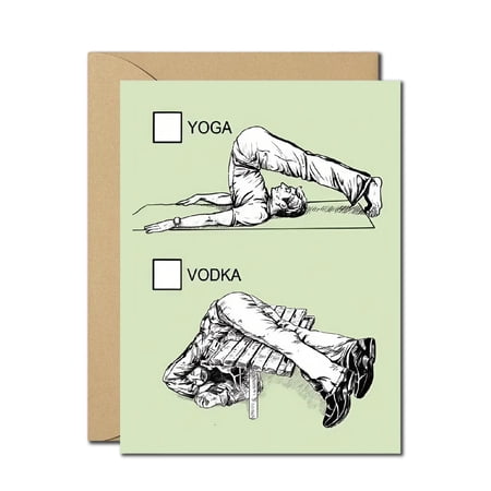 Funny Yoga vs Vodka Greeting Card – Hilarious Illustration Design – Envelope Included Blank Inside – Perfect for Father’s Day Birthdays or Just Because – Humor Gift for Dad Friends or Family