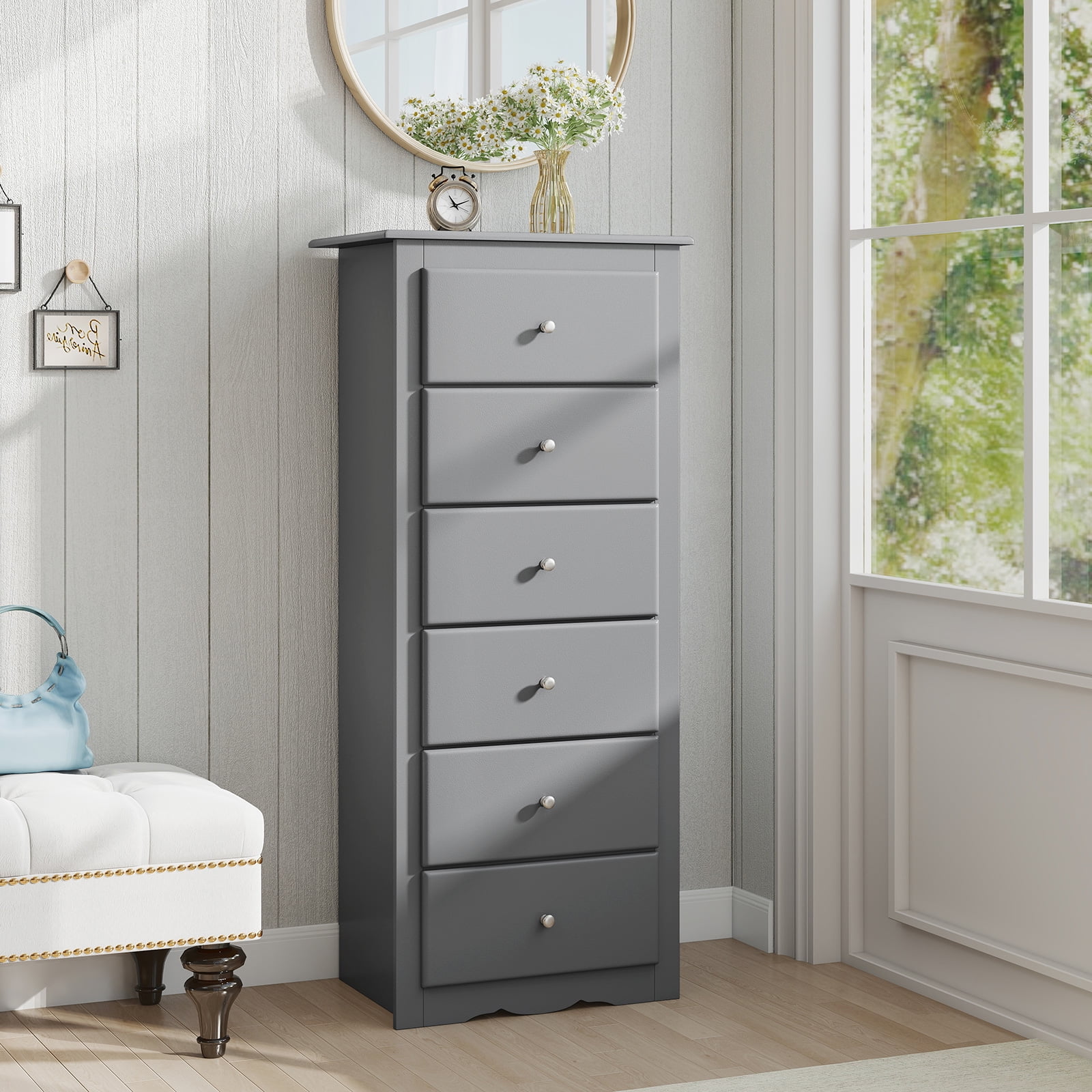 Giantex 6 Dresser Chest, Free Standing Wooden Storage Cabinet, Tall Dresser Clothes Organizer, Grey