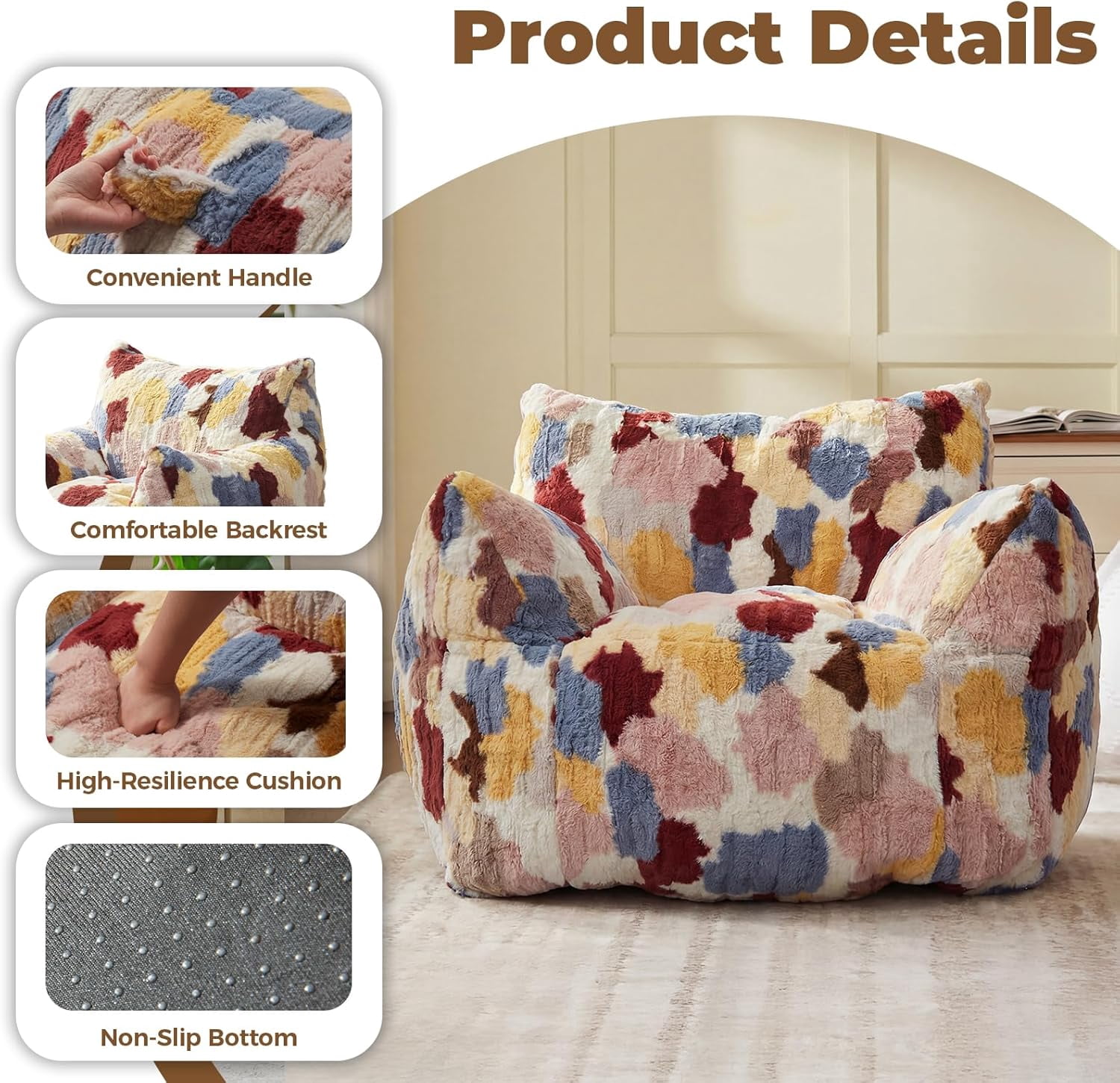 Ebenchico Giant Bean Bag Chair for Adults Teens, Large Bean Bag Couch Sofa with Armrests, Comfy Fuzzy BeanBag Chairs with Filling, Rainbow