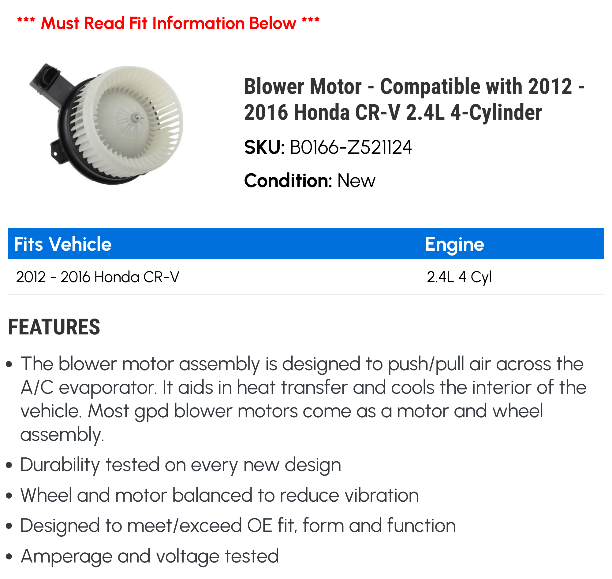 Blower Motor - Compatible with 2012 - 2016 Honda CR-V 2.4L 4-Cylinder 2013 2014 2015