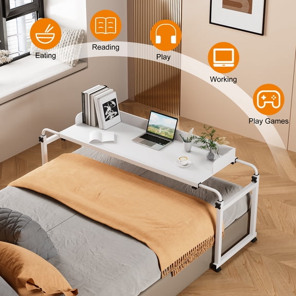 Baellsa Overbed Table with Wheels, 47.24"-82.68" Mobile Bed Desk for Queen/Full Size Bed, Rolling Laptop Desk for Home Bedroom Office Hospital, White