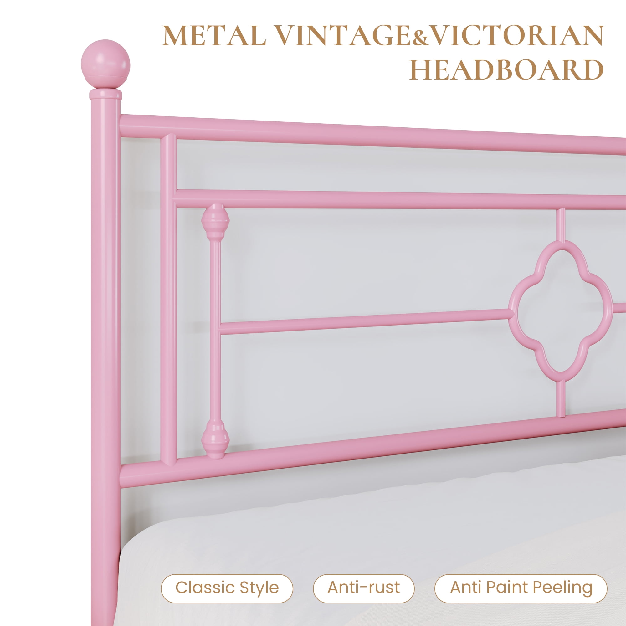 Sha Cerlin Pink Queen Size Metal Platform Bed Frame with Victorian Vintage Headboard