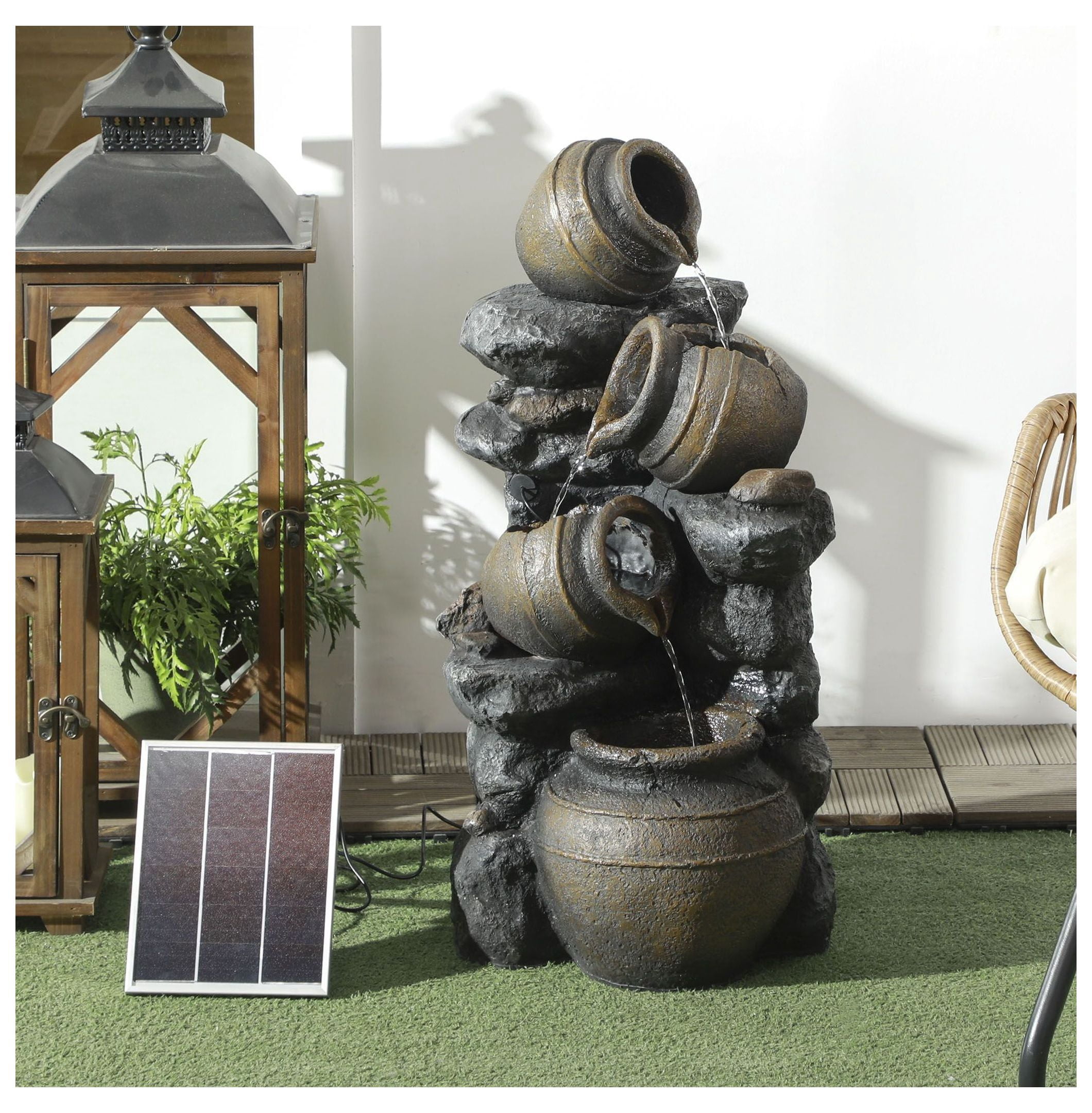 Solar Water Fountain 28.3" 4-Tier Outdoor Fountain with LED Lights, Resin Cascading Garden Decor