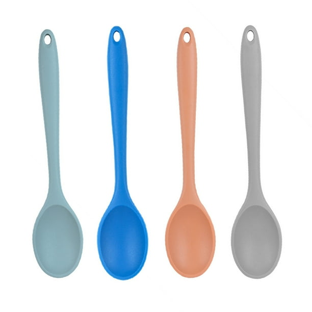 Cucharas para mezclar antiadherentes de silicona, resistentes al calor, diseño higiénico, juego de cucharas para cocinar y hornear para revolver, mezclar y servir, azul+gris+azul claro+naranja claro