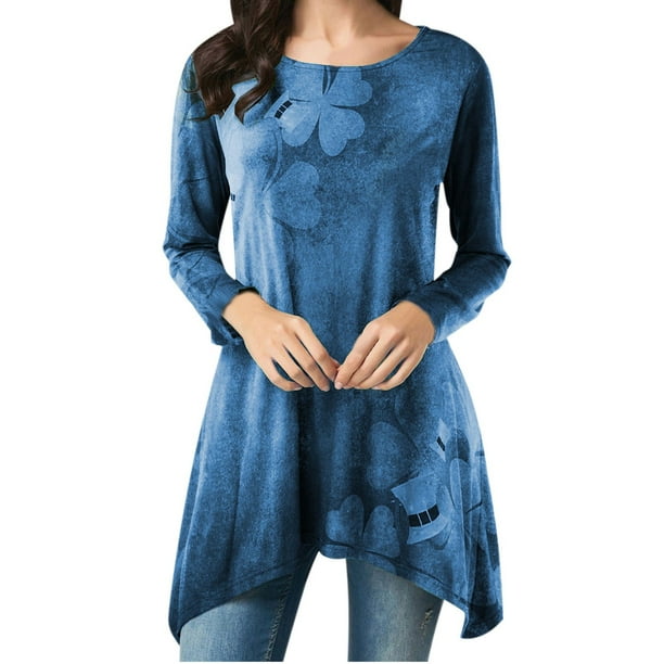 Camiseta informal con dobladillo irregular y cuello alto estampado de manga larga y cuello redondo para mujer Pompotops gfhjh16851