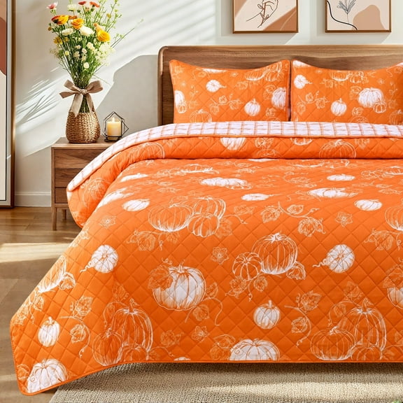 BLEUM CADE 3 Pieces Fall Quilt Set Queen Size, Thanksgiving Reversible Bedding Set Pumpkins Quilt Set, Soft Lightweight Bedspread Coverlet Set Queen