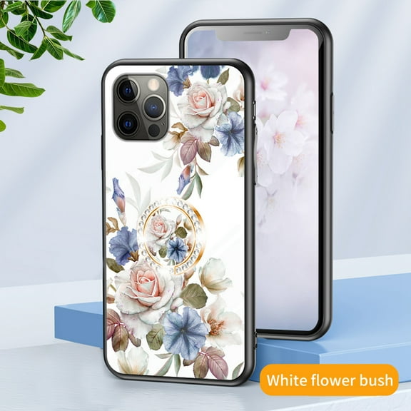 Nalacover for iPhone 14 Pro Max Slim Case,Exquisite Floral Pattern 360 Rotating Diamond Ring Holder Anti-Scratch Soft TPU Silicone Bumper Rubber Tempered Glass Back Cover.White flower bush