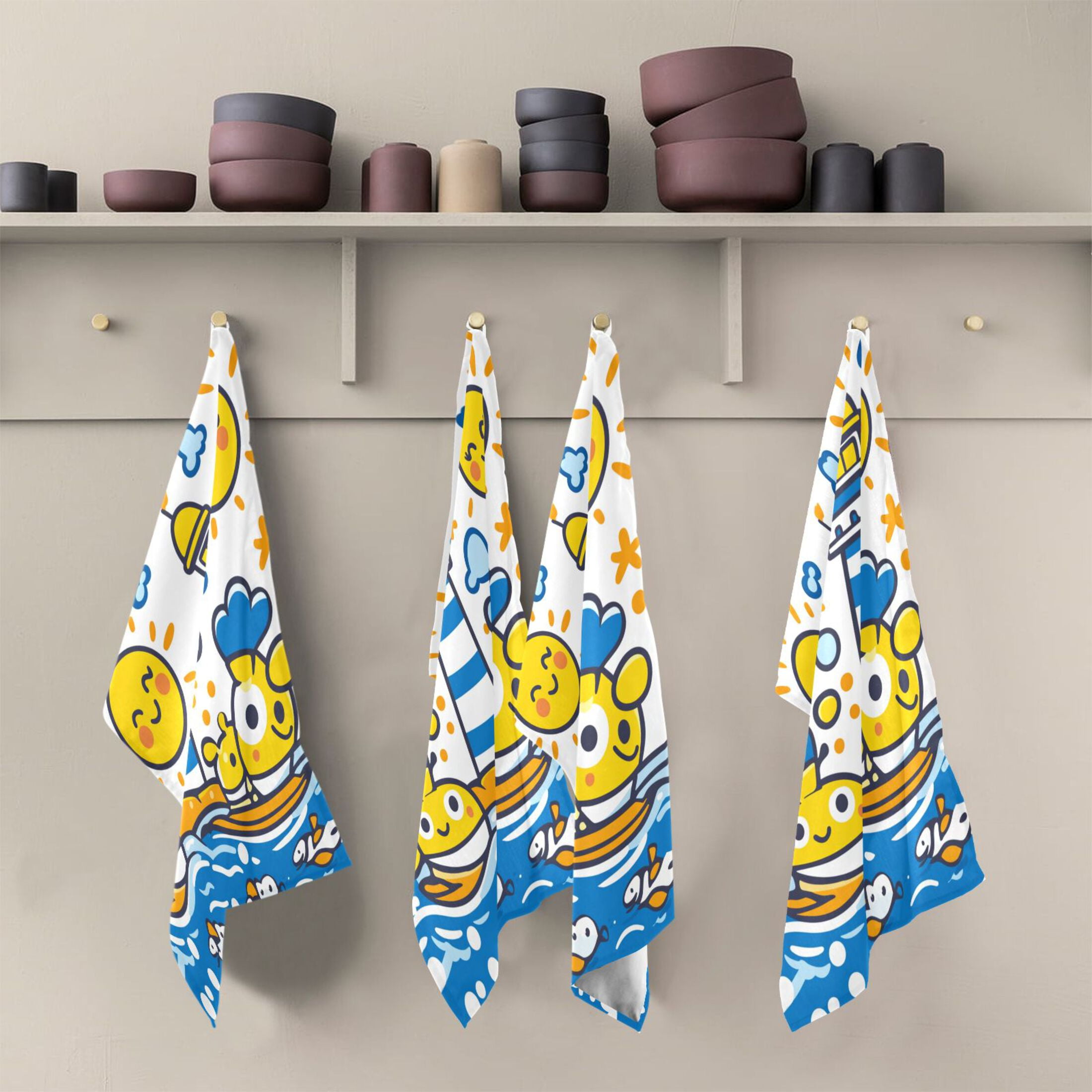 Children Doodle Style Kitchen Towels 6-Piece Pack Tea Towels for Kitchen Decorative Waffle Design 28x18in