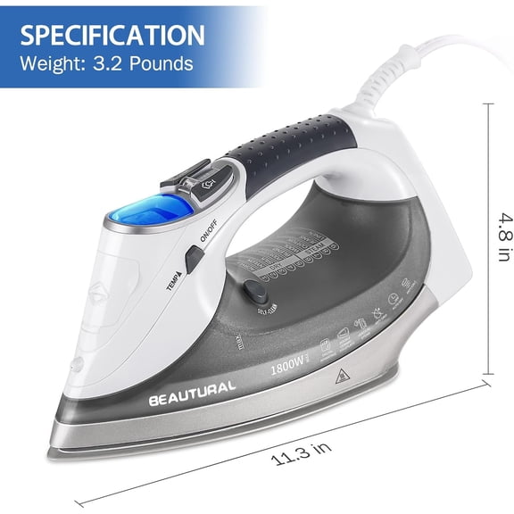1800-Watt Steam Iron with Digital LCD Screen, Double-Layer and Ceramic Coated Soleplate, 3-Way Auto-Off, 9 Preset Temperature and Steam Settings for Various Fabrics
