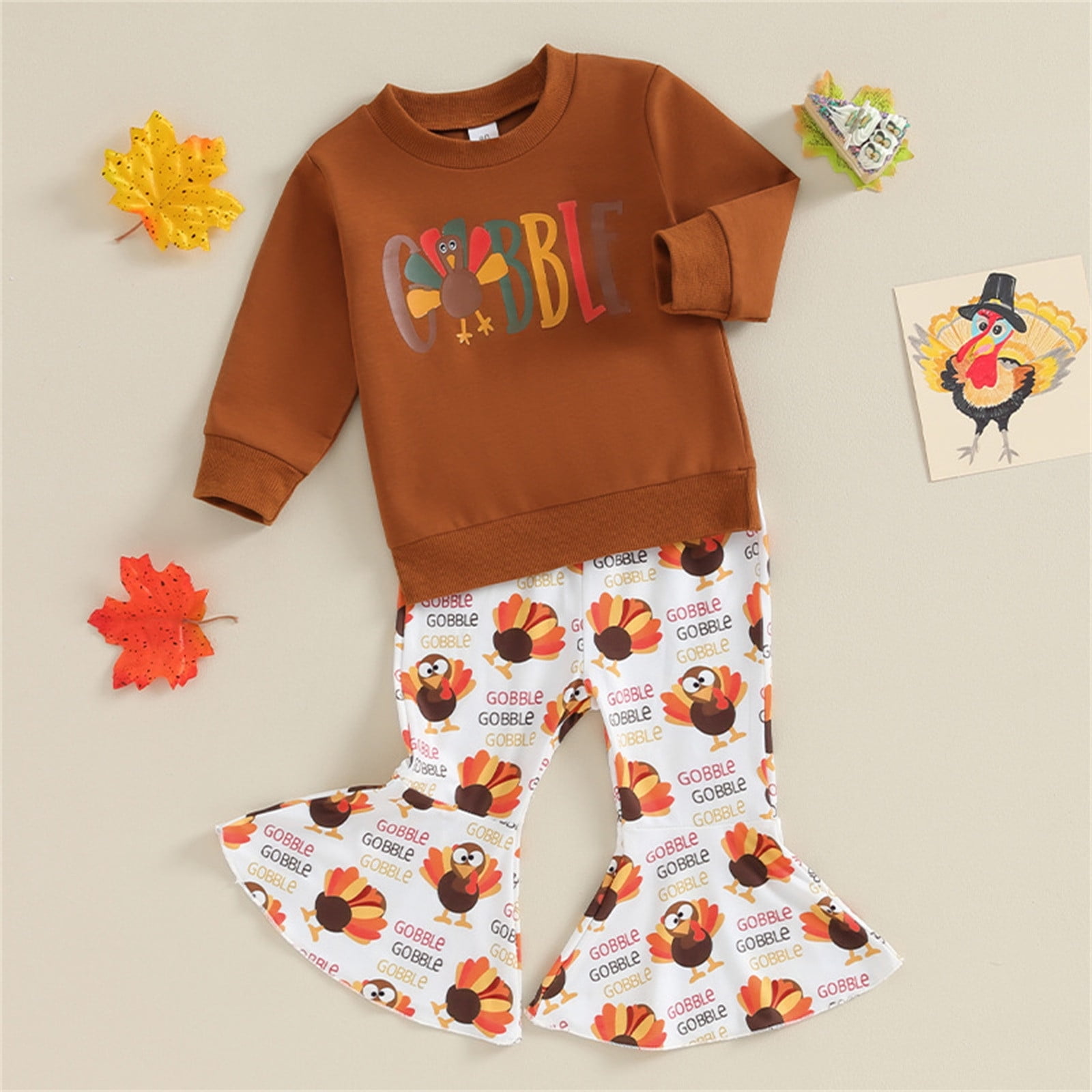 WeeBloom Thanksgiving Baby Girl Boy Outfit Kids Clothes Sweatshirt Sweater Top Turkey Pants Set Fall Winter Girls Outfits,Coffee 18-24 Months