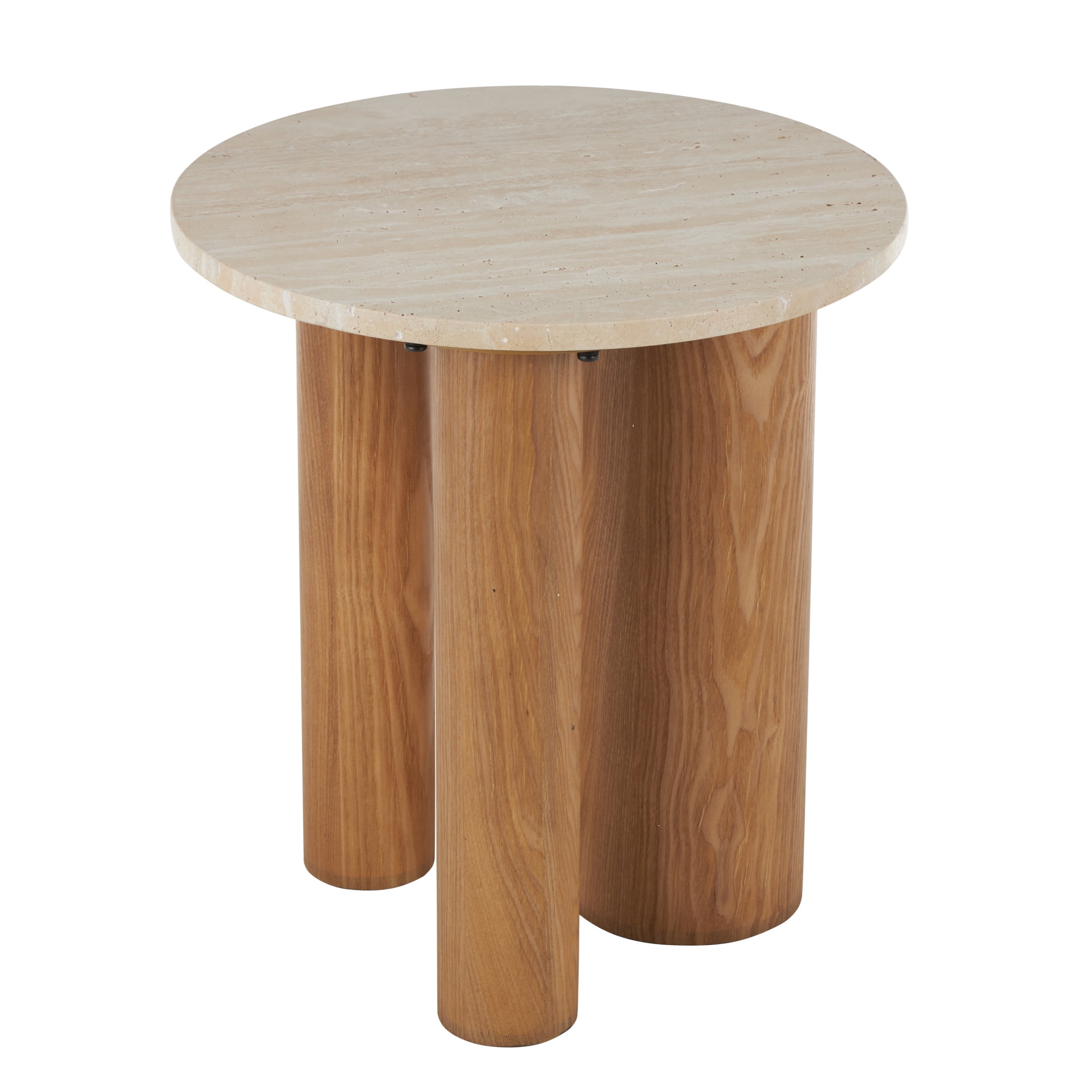 DecMode 18" x 20" Brown Wood Accent Table with Beige Round Marble Tabletop, 1-Piece