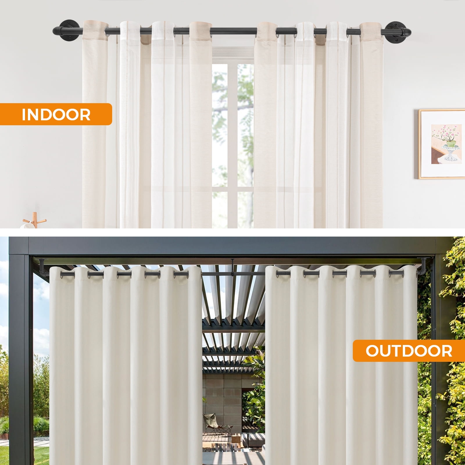 BEAMNOVA Industrial Curtain Rod for Windows, 66" to 120" Adjustable Long Curtain Rod, Black Iron Curtain Rod for Outdoor/Indoor, Wall Mounted or Ceiling (1 Pack)