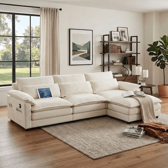 Howcool Cloud Couch Modular Sectional Sofa 3 Seat 113" L Shaped Convertible Couch Chenille Thick Cushion with Ottoman, Removable & Washable Cover for Living Room, Beige