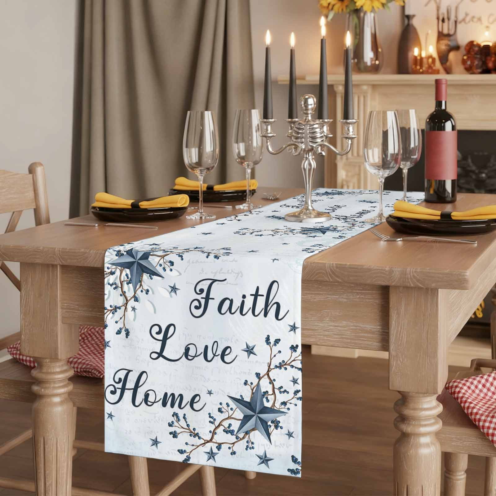 Texas Star Country Cotton Linen Table Runner for Dining Kitchen, Blue Farmhouse Branches Wedding Outdoor Party Tablerunners Decoration, Dresser Scarf Coffee Tablecloth Runners 13x90 Inches