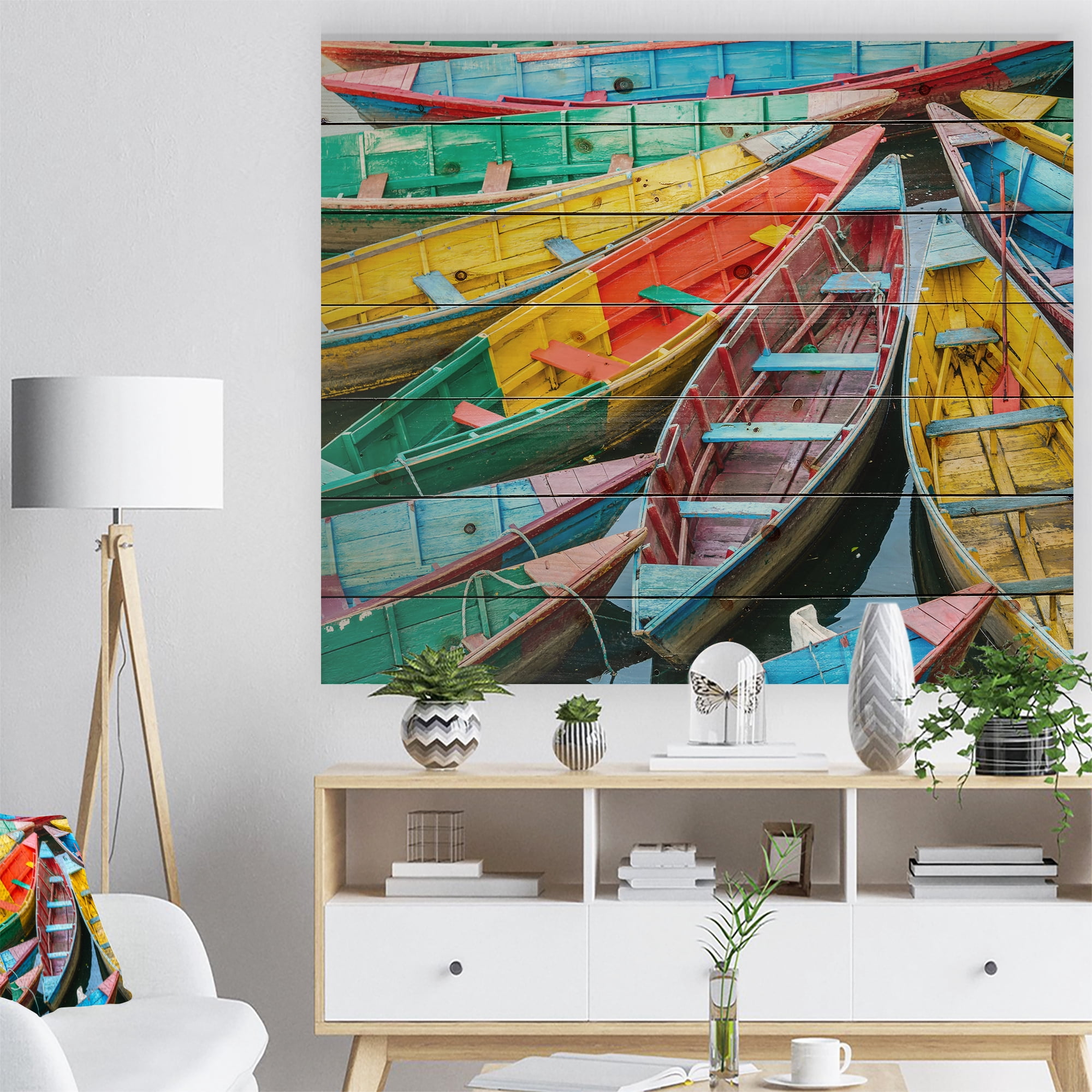 Designart 'Rowing Boats on the Lake in Pokhara' Boat Print on Natural Pine Wood