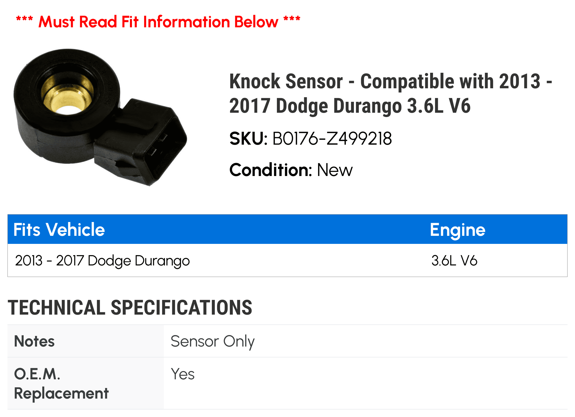Knock Sensor - Compatible with 2013 - 2017 Dodge Durango 3.6L V6 2014 2015 2016