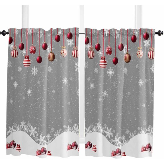 Christmas Green Kitchen Curtain 39 Inch Length Window Curtains and Drapes for Cafe/Living Room, Winter White Snowflakes Xmas Balls Window Treatment Rod Pocket Drapery Panels Curtains, 27.5x39