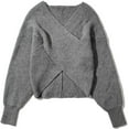 thumbnail image 7 of Womens Long Sleeve V Neck Sweaters Cross Wrap Front Off Shoulder Knit Crop Top Pullover, 7 of 7