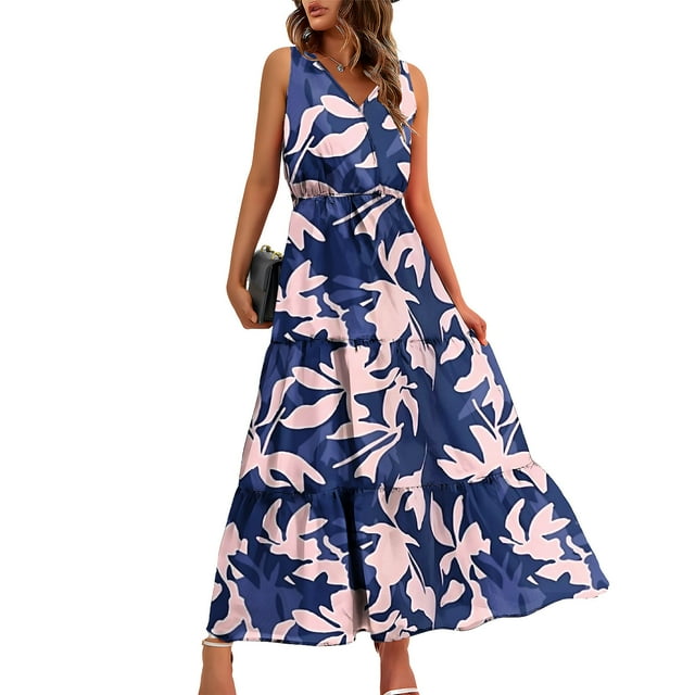 Pisexur Robes pour Femmes à Col en V Sans Manches Robe Maxi Taille Élastique Robe Évasée à Étages Robe d'Été Mode à Imprimé Floral Robe de Bal d'Été Décontractée Ample Longue Robe Confortable Fluide Robe Portefeuille pour Plage Vacances
