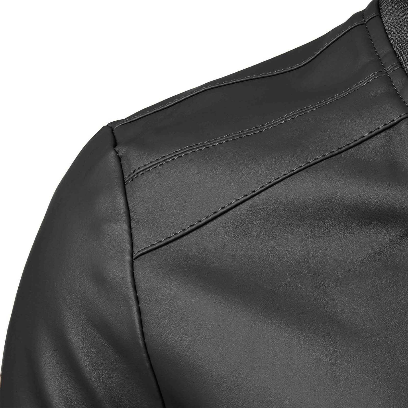 RYDCOT Men Solid Color Leather Jacket Outerwear Fashion PU Leather Long Sleeved Stand Collar Coat Black