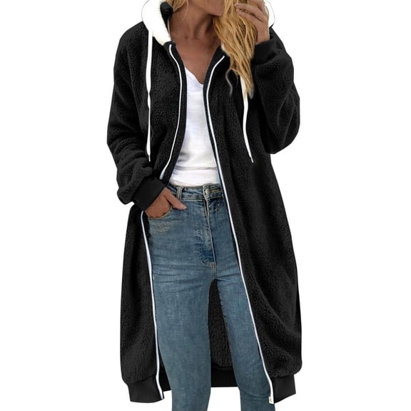 XPMWRP Women's Fleece Hooded Zipper Coat Casual Long Sleeve Solid Soft Comfortable Oversized Jacket Winter Warm Trendy Coats with Pockets Black L
